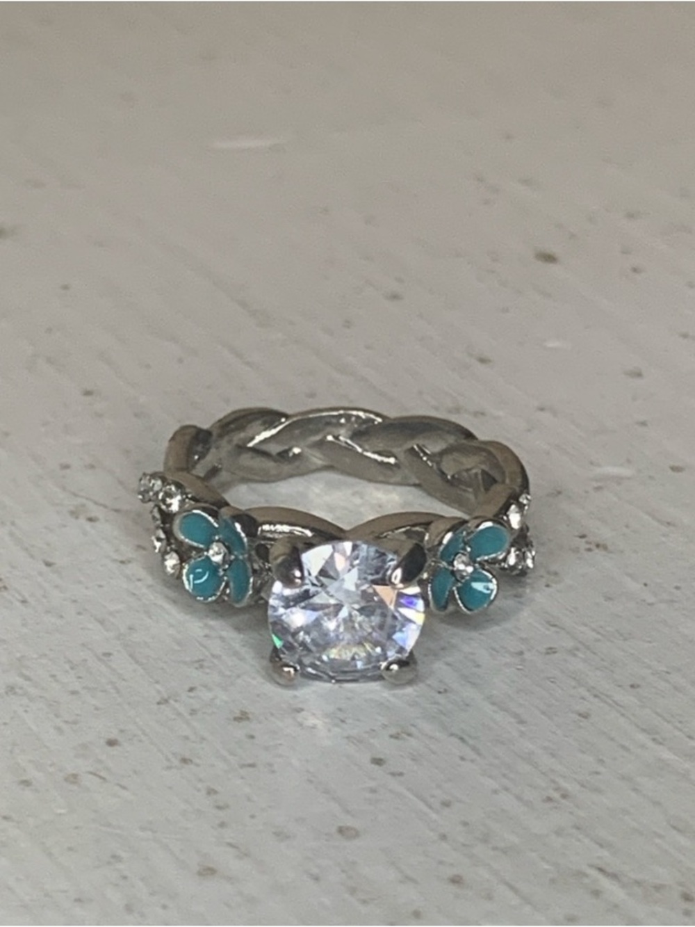 Silver Plated Solitaire Ring with Turquoise Floral Accents